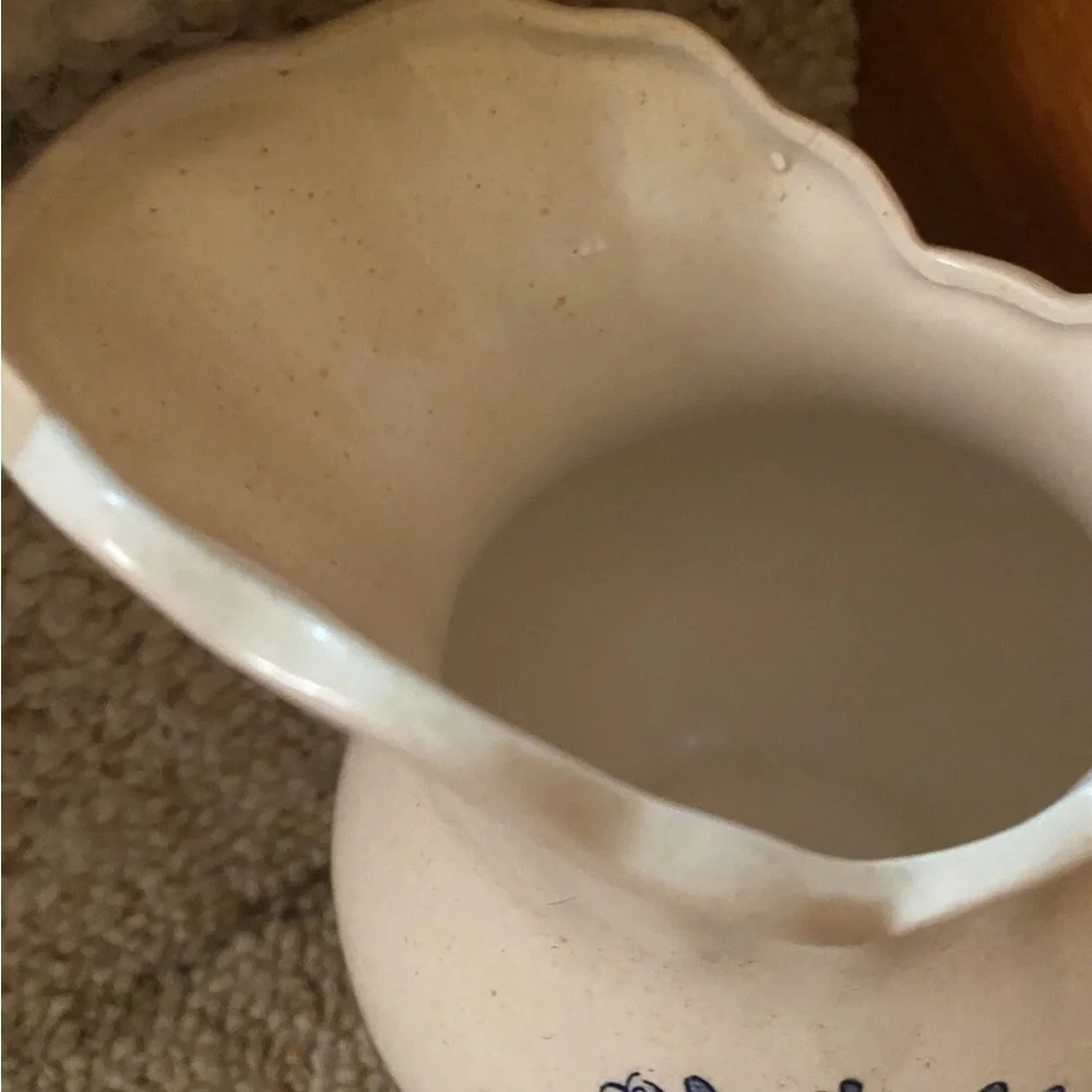 Vintage Enesco Cream Ceramic Pitcher with Blue Floral Design - Picture 4 of 11